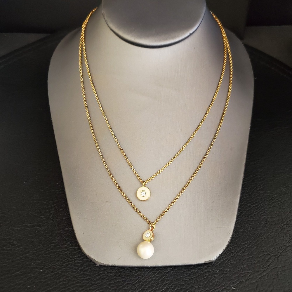 Kate Spade Pearly Delight Pendant Gold Plate Double Chain Faux Pearls Signed‎